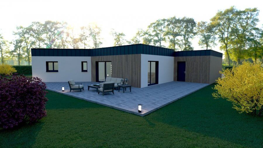 Maison plain-pied 3 chambres Armoise style contemporain - toit plat arrière