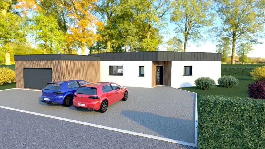 Maison plain-pied 3 chambres Armoise style contemporain - toit plat avant