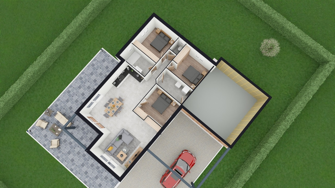 Plan 3D maison contemporaine bois plain-pied 3 chambres - Spartine 